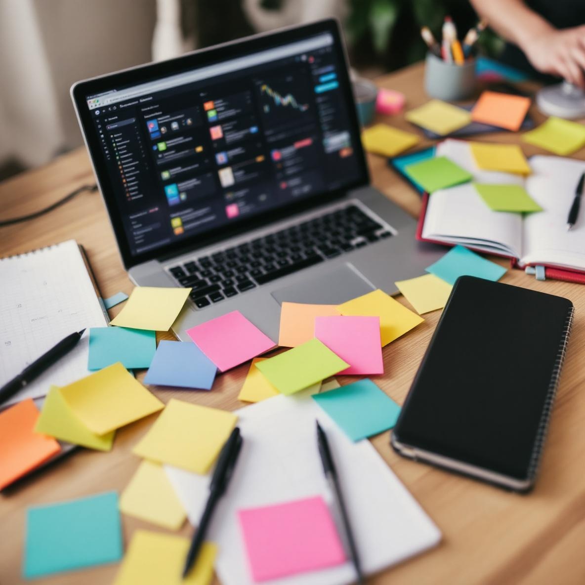 A cluttered desk representing the struggle of balancing multiple functions with a laptop, project management software, and sticky notes scattered around, illustrating the complexity of using too many tools at once.