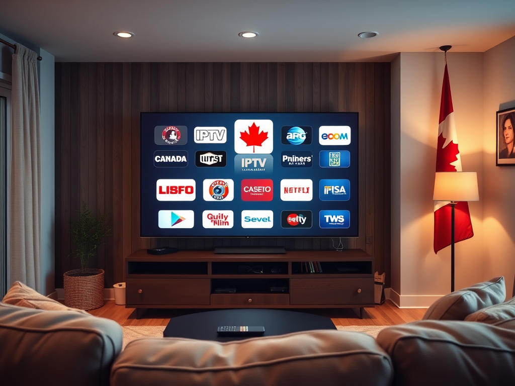 Create a realistic image of a Canadian living room with a large flat-screen TV displaying multiple IPTV channel logos, a remote control on a coffee table, and a Canadian flag hanging on the wall. The room should have warm, cozy lighting and a comfortable sofa visible in the foreground.