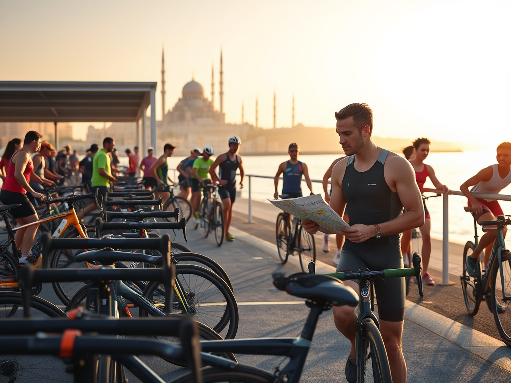 Create a realistic image of the Oman coastline with a triathlon transition area in the foreground, featuring bike racks and running gear. In the background, show the iconic Sultan Qaboos Grand Mosque silhouette. Include a diverse group of triathletes preparing their equipment, with a focus on one determined-looking white male athlete studying a course map. The scene should be lit by early morning sunlight, creating long shadows and a sense of anticipation for the upcoming IRONMAN 70.3 challenge.