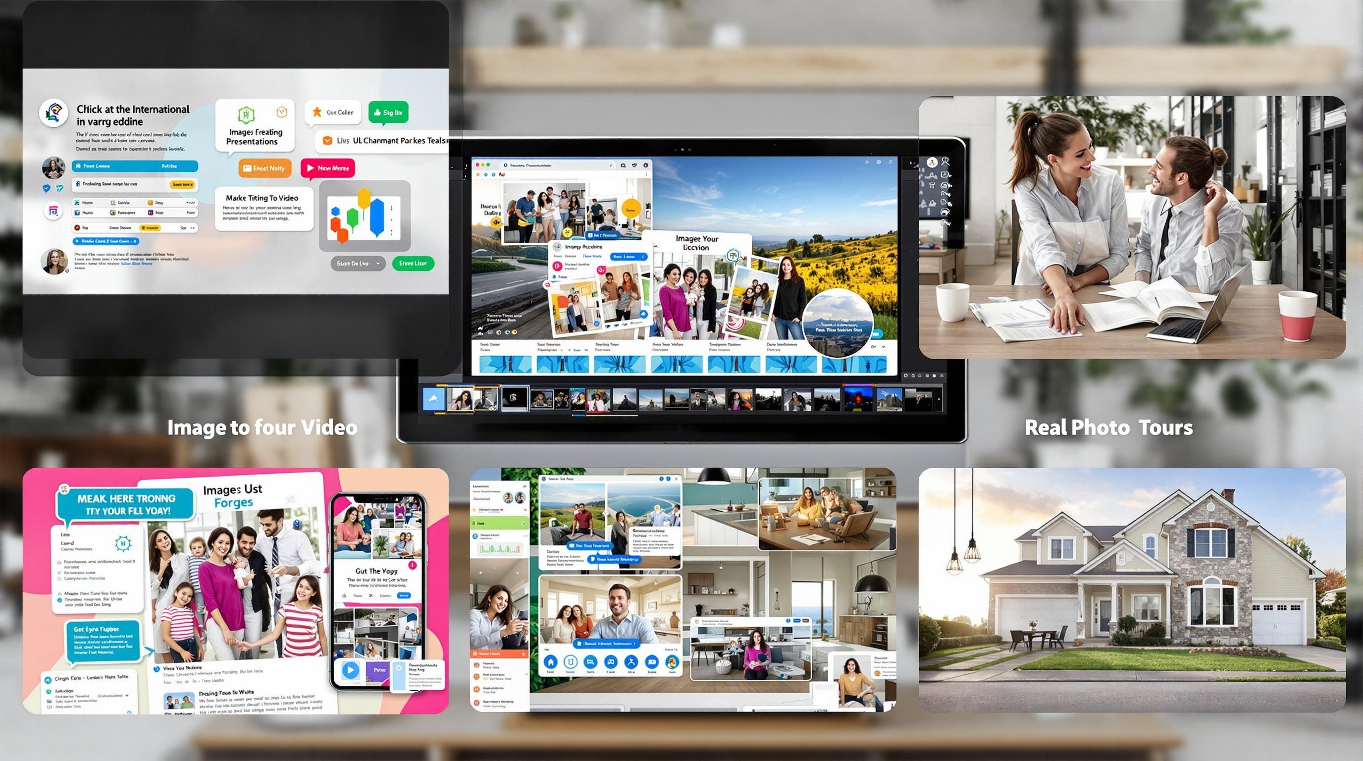 Dynamic visual representation of advanced slideshow techniques such as Ken Burns effect, parallax motion, and 3D photo animation, with layered images and subtle movement effects in a sleek, futuristic workspace, modern and professional, 16:9 aspect ratio