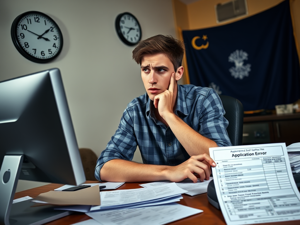 Create a realistic image of a frustrated young white male sitting at a desk with scattered documents, looking at a computer screen displaying an "Application Error" message. A clock on the wall shows a late hour, emphasizing time pressure. A South Carolina state flag is visible in the background, and a partially filled SC ID application form is prominent on the desk.