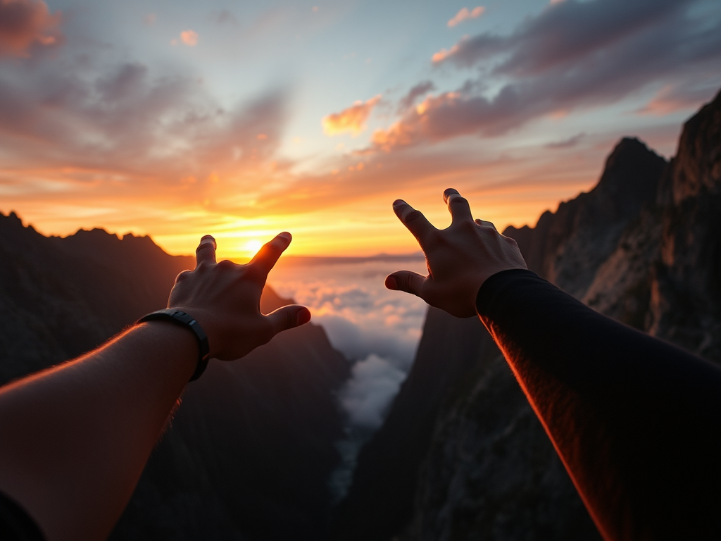 two arms on a mountain edge, reaching towards each other 