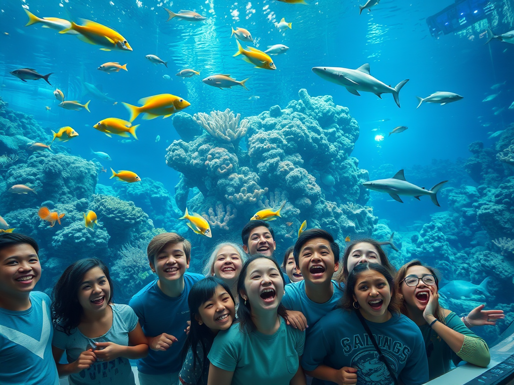 Create a realistic image of a large, circular aquarium tank filled with vibrant tropical fish, colorful coral reefs, and graceful sharks, with excited visitors of diverse ethnicities pressing their faces against the glass, wide-eyed in wonder, while soft blue underwater lighting illuminates the scene.