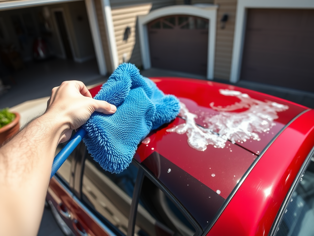 Create a realistic image of a white male hand holding a blue microfiber car wash mitt attached to a long, extendable handle, reaching to clean the roof of a shiny red sedan in a sunny driveway, with soap suds visible on the car's surface and a bucket of soapy water nearby.