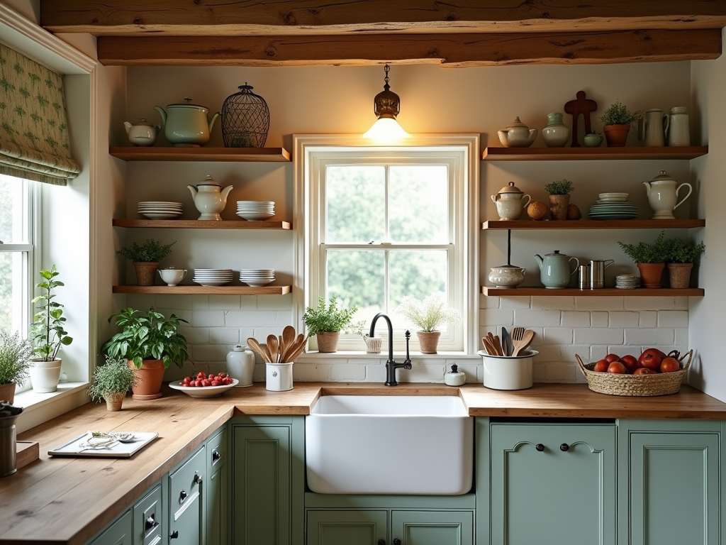 Charming Cozy Farmhouse Kitchen with Open Shelving