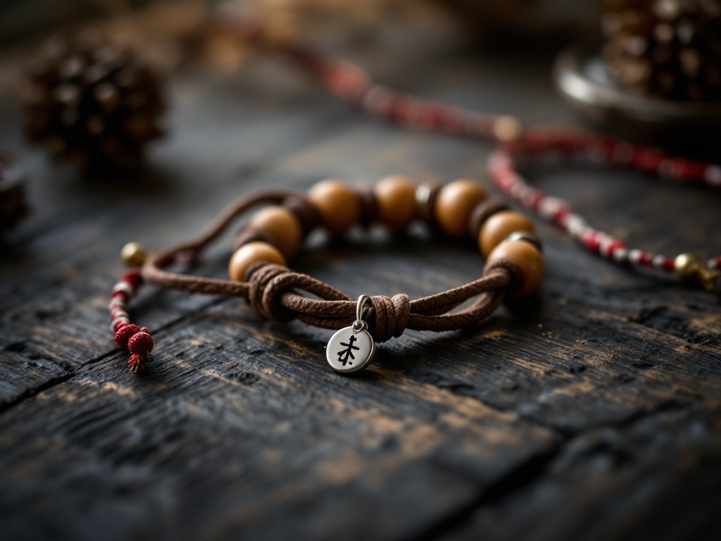 A photorealistic shot capturing a plain leather bracelet with a small, simple silver charm attached, lying next to a traditional red and white martișor string on a dark wooden surface, with soft, warm lighting