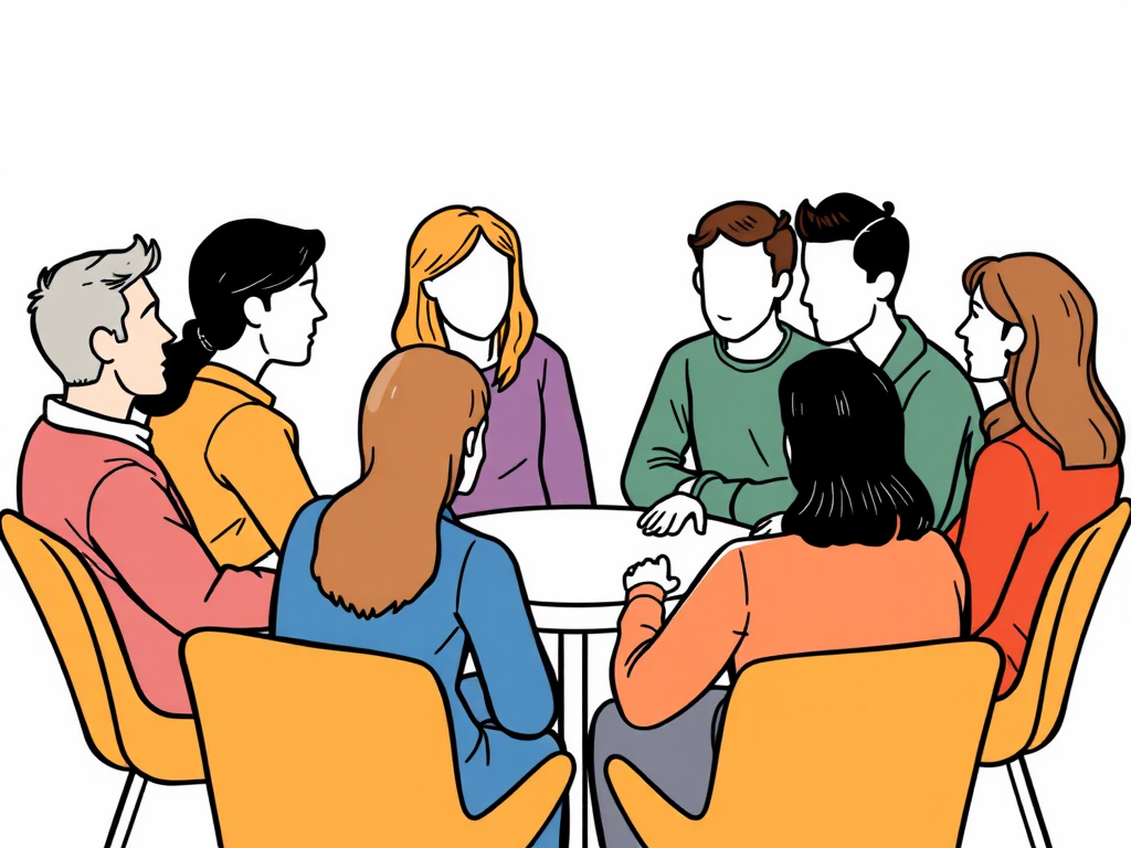 Support group image of a drawing (clipart) of 5-6 people (men and women) talking in a circle with no facial features around a small table with different ethnicities