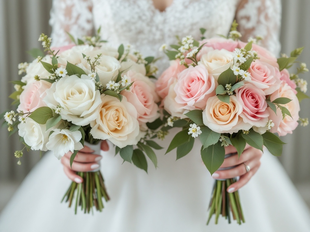 A photorealistic shot capturing a bride holding two bouquets side by side - one with fresh flowers and one with high-quality artificial flowers, showcasing the similarity in appearance