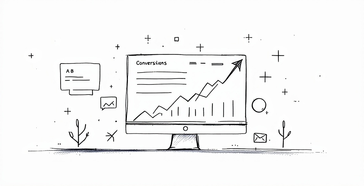 Minimalistic sketch of a digital dashboard with marketing metrics and growth symbols.