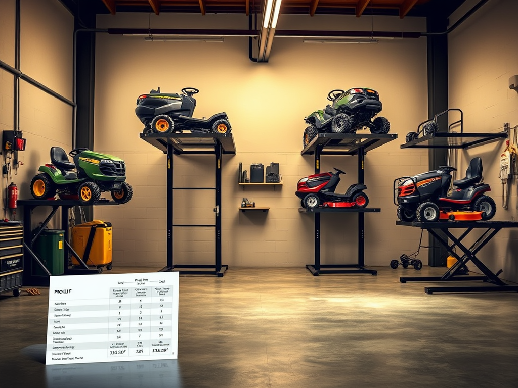 Create a realistic image of a garage or workshop interior with multiple Pro Lift lawn mower lift models on display, showcasing different sizes and weight capacities. Include a few lawn mowers suspended on the lifts, demonstrating their functionality. In the foreground, place a comparison chart or spec sheet highlighting key features of each model. Soft, warm lighting illuminates the scene, emphasizing the professional and organized atmosphere of the space.