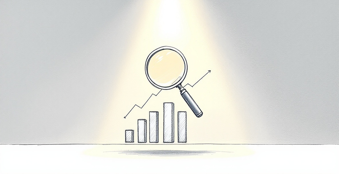 Minimalistic sketch of magnifying glass over bar graph highlighting key digital marketing metrics.