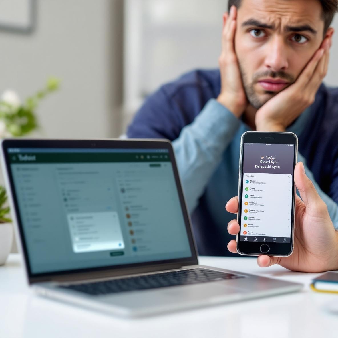 A split-screen view of a laptop and smartphone both showing the Todoist app, highlighting a syncing issue. The background features a frustrated user, emphasizing the challenge of technology reliability.
