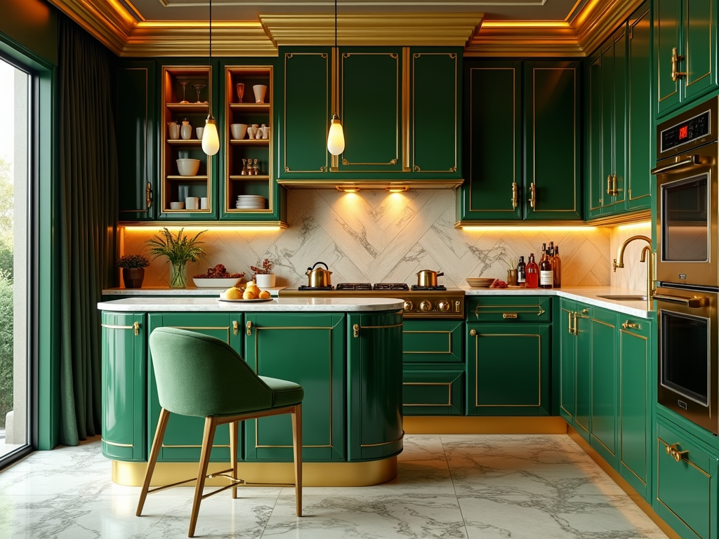 Glamorous Art Deco Kitchens: Gold & Green Inspirations