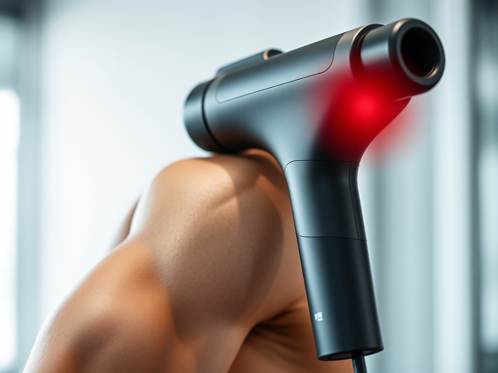 Create a realistic image of a close-up view of a sleek, black massage gun in action, vibrating visibly against a muscular arm or shoulder, with subtle heat waves or a soft red glow emanating from the device, indicating its heating function. The background should be blurred but suggestive of a modern fitness or recovery room setting.