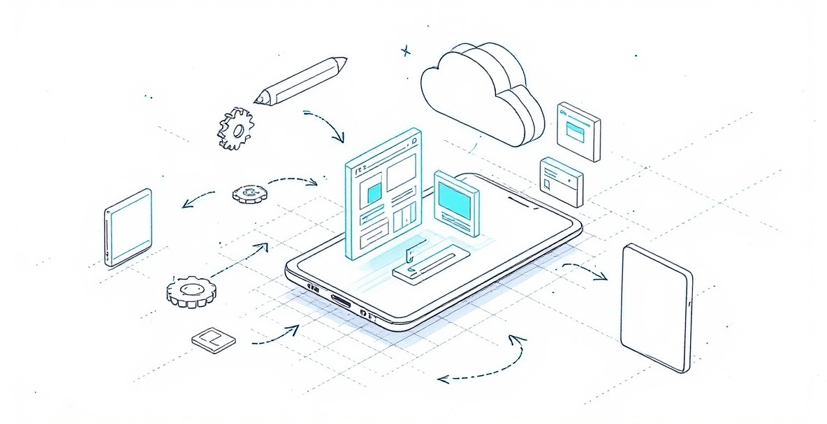 Minimalist sketch of a wireframe device showing personalization tools with connecting arrows to customization icons.