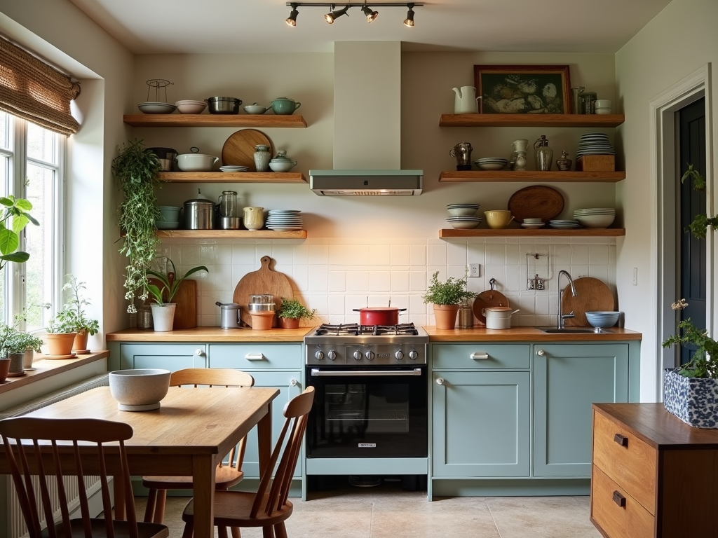 Cozy Farmhouse Kitchen Inspiration: Open Shelving & Mid-Century Charm