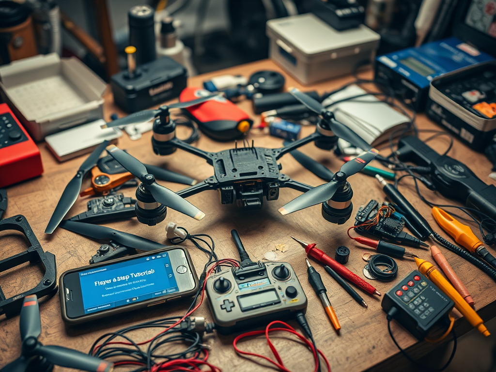 Create a realistic image of a cluttered workbench with drone parts, tools, and electronics scattered across it. A partially assembled quadcopter frame is visible in the center, surrounded by propellers, motors, and a flight controller. A soldering iron, wire cutters, and a multimeter are nearby. A smartphone displays a step-by-step tutorial video. The background shows a garage or workshop setting with soft, warm lighting.