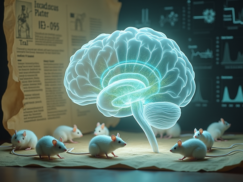 Visualize a surreal and ethereal landscape representing the convergence of historical and modern medical research on the placebo effect. The foreground features a large, transparent, brain-shaped structure, subtly illuminated from within, showing neural pathways glowing in soft blue and green hues. Surrounding this, a series of ghostly, semi-transparent mice move towards the brain, symbolizing the experimental subjects in various studies. The background contrasts an old parchment depicting a timeline starting from the 1863 trial, blending into a modern, digital display showing recent scientific data graphs and neural images. The overall lighting is soft and ambient, highlighting the brain and pathway without overshadowing the historical context. The mood is one of mystery and discovery, aimed at drawing the viewer into the depths of scientific exploration. The color palette includes muted earth tones for the historical elements, vibrant blues and greens for the neural pathways, and grayscale for the modern scientific background, creating a bridge between past and future. The artistic style combines elements of classical painting for the historical aspects with digital art for the modern scientific data, providing a visual depth that invites the viewer to look closer and engage with the complexities of the placebo effect.