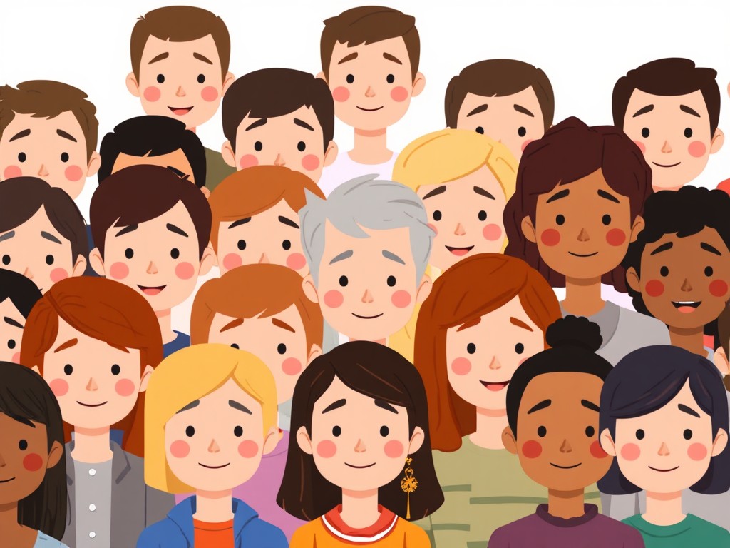 crowd of many different cartoon people of different expressions without facial features no rosey cheeks