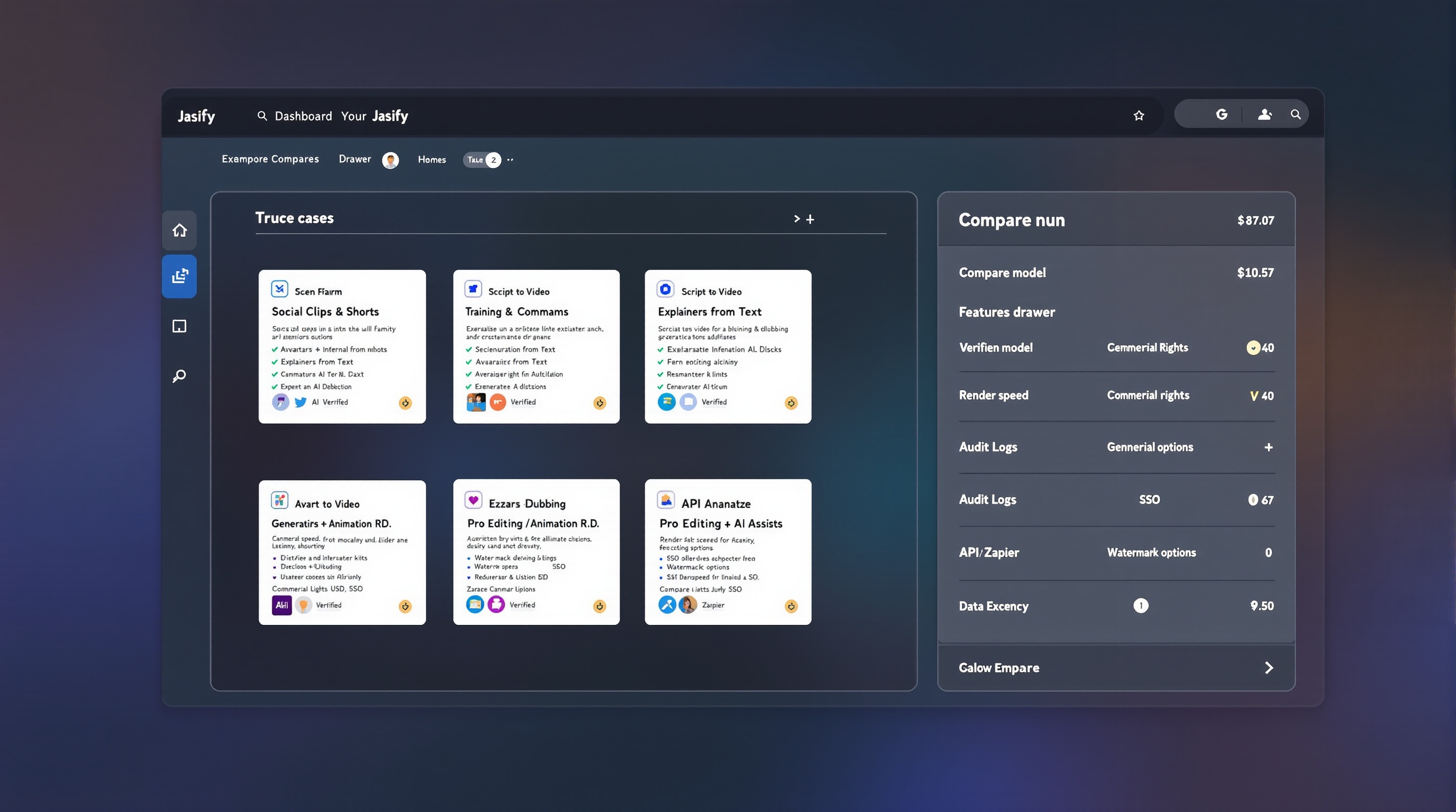 High-fidelity, isometric product scene of the Jasify marketplace dashboard comparing AI video creation solutions. Center frame: a clean grid of tool cards grouped by labeled use cases—'Social Clips & Shorts', 'Training & Internal Comms', 'Explainers from Text', 'Generative/Animation R&D', 'Pro Editing + AI Assists'. Each card shows a concise feature stack (e.g., 'Script-to-Video', 'Avatars + Dubbing', 'Scene Detection', 'Brand Kits', 'API/Zapier') and trust badges: 'Verified', 'Commercial Rights', 'SSO', 'Audit Logs', 'Data Residency'. Right side: an expanded Compare drawer with tidy columns and checkmarks for 'Pricing model', 'Render speed', 'Queue limits', 'Watermark options', 'Licensing'. Top toolbar filters: 'Pricing', 'Rights & Governance', 'Integrations', 'Speed-to-output'; a small localization icon reveals language options within the Dubbing filter. Subtle global reach cues (tiny flags in a dropdown), no vendor logos. Environment: bright, even lighting; crisp typography; a minimal desk surface with a keyboard and trackpad partially visible for scale; soft reflections on glass for realism. Mood: trustworthy, transparent, professional. Color palette: white, soft grays, restrained blues/teals to signal reliability. 16:9 aspect ratio.