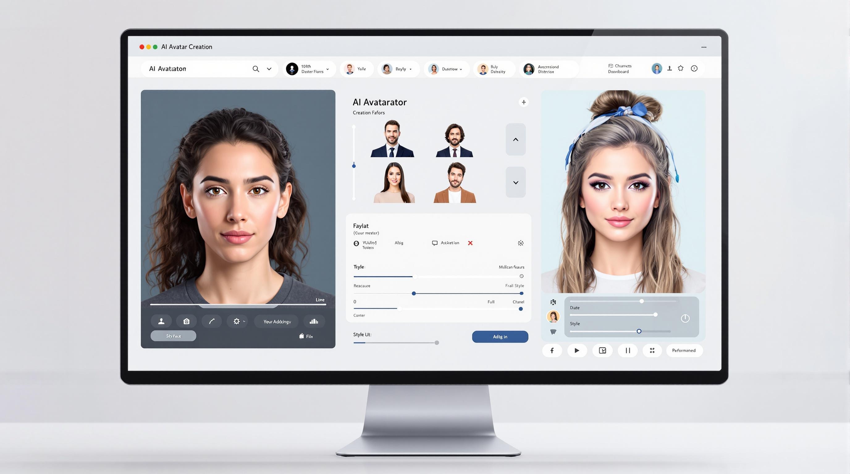 Modern digital dashboard displaying customizable AI avatar creation options, diverse avatars in various styles and poses, user interface elements highlighting facial feature and style adjustments, sleek professional tech design, clean background, 16:9 aspect ratio