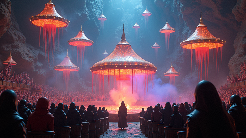 A dazzling display of holographic circus tents floating in space, with aliens of various shapes and colors eagerly watching a stage where humans perform odd tricks and feats.