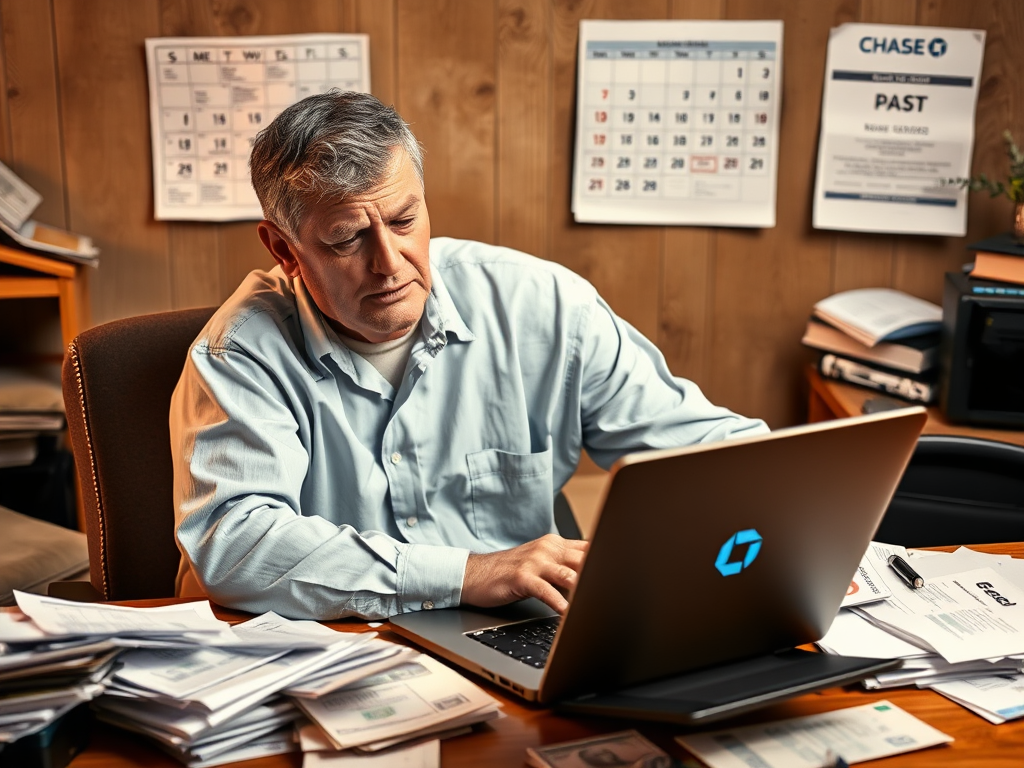 Create a realistic image of a stressed middle-aged white male sitting at a desk, surrounded by scattered papers and bank statements, with a laptop open showing the Chase Bank logo. A calendar on the wall highlights a past date, emphasizing the importance of retrieving old financial records. Warm, indoor lighting creates a sense of urgency and focus.