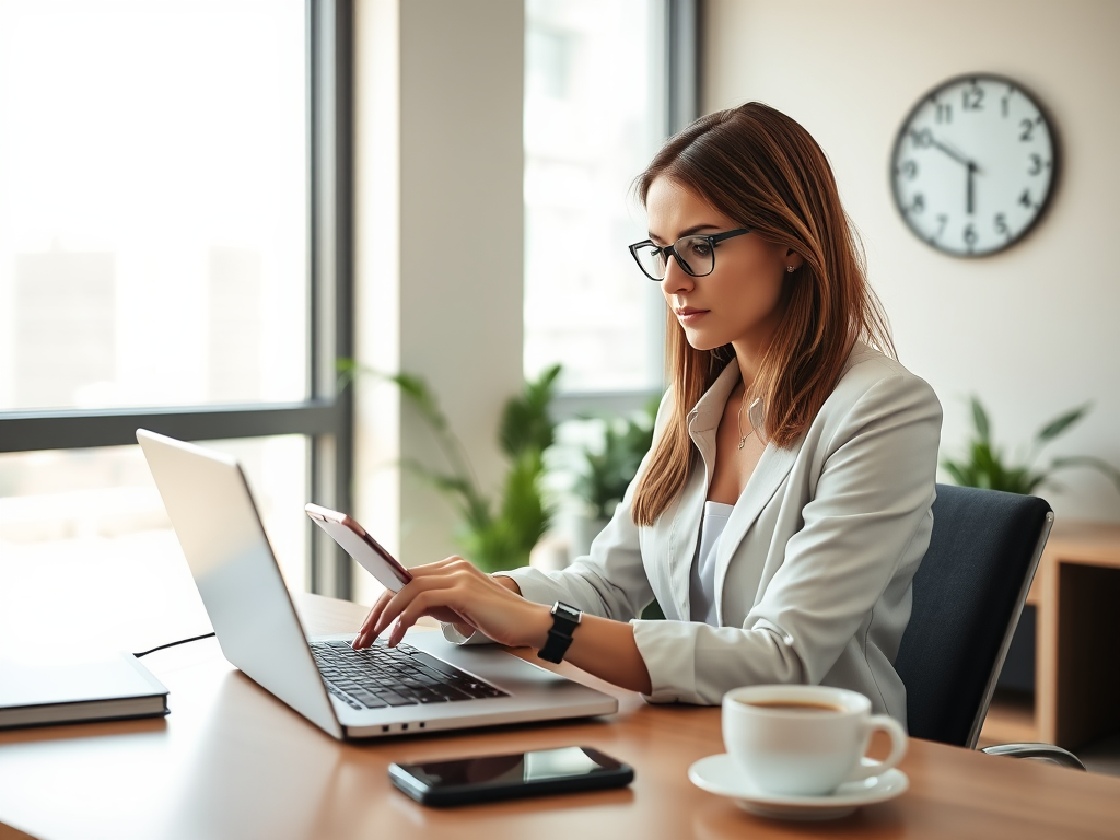 Create a realistic image of a white female business professional sitting at a desk with a laptop, quickly reviewing digital bank statements on the screen. The background shows a modern office space with a clock on the wall displaying 2:00 PM. A smartphone and a cup of coffee are placed next to the laptop. The overall scene has bright, natural lighting coming from a nearby window, creating a sense of efficiency and productivity.