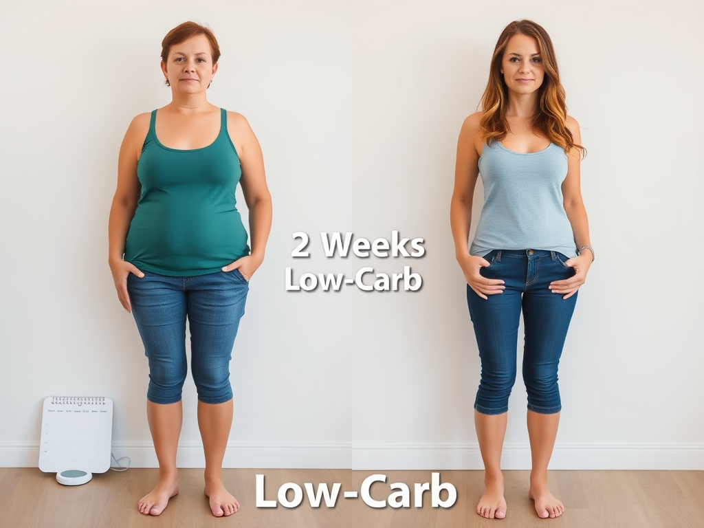 Create a realistic image of a before-and-after side-by-side comparison showing a white female's body transformation over 2 weeks on a low-carb diet, with the left side showing a slightly overweight figure and the right side showing a noticeably slimmer figure, both wearing the same outfit, against a neutral background with a calendar and scale visible, and text overlay stating "2 Weeks Low-Carb Diet".