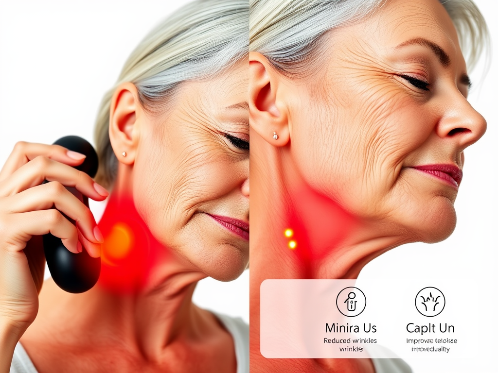 Create a realistic image of a middle-aged white woman using a red-light facial massager on her neck, with visible improvements in skin texture and tone, split-screen showing before and after effects, warm lighting emphasizing the red glow of the device, clean white background, infographic elements highlighting key benefits like reduced wrinkles and improved circulation.