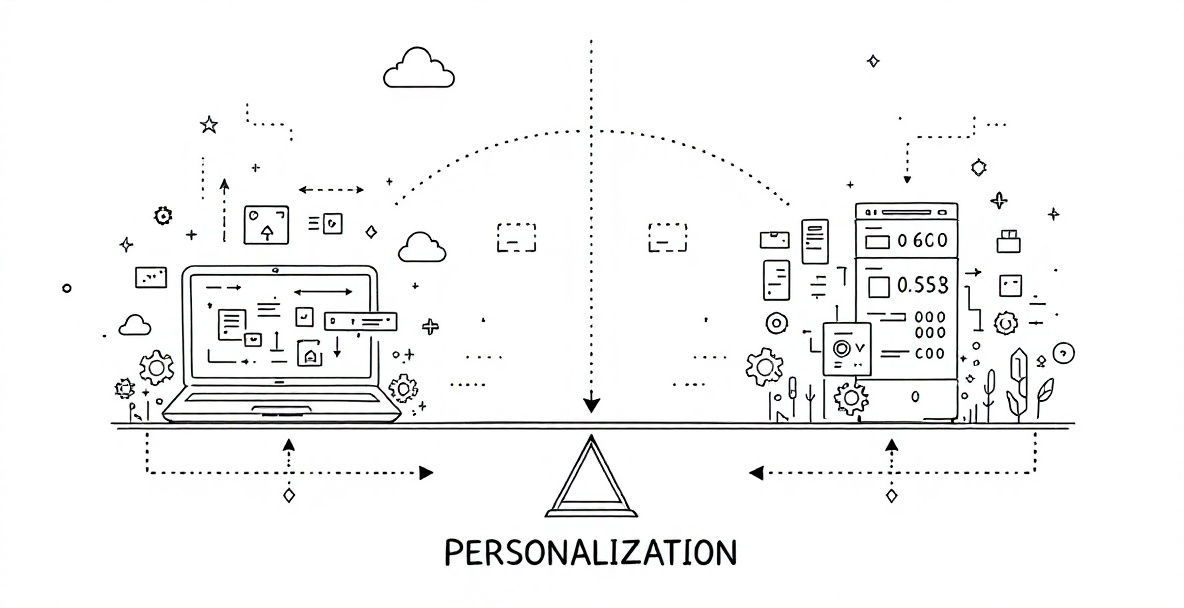 Minimalist sketch comparing client-side personalization (laptop with internal processing) and server-side (cloud with data flow)