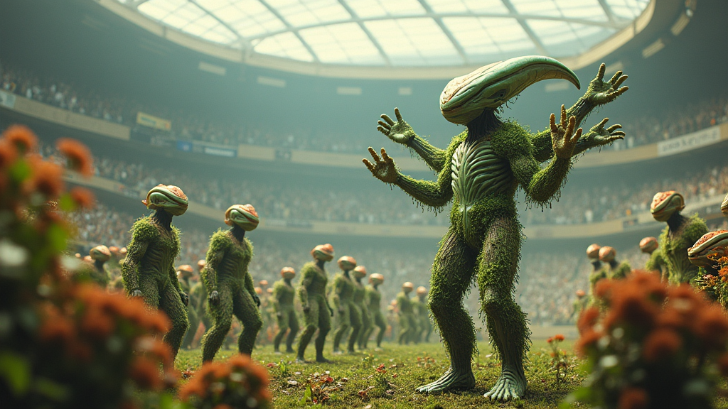 An alien gardener with multiple arms is seen coaching a team of green-thumbed humans in a futuristic stadium filled with odd flora and fauna cheering on.