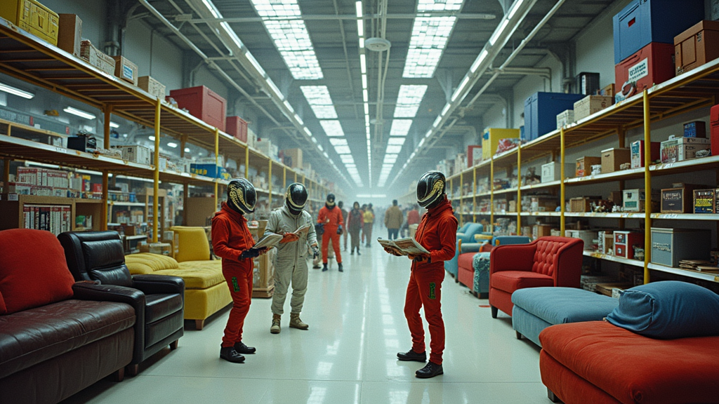 A bustling IKEA store floating in space, filled with colorful, partially assembled furniture drifting in zero-gravity, with alien shoppers in a variety of bizarre spacesuits holding instruction manuals.