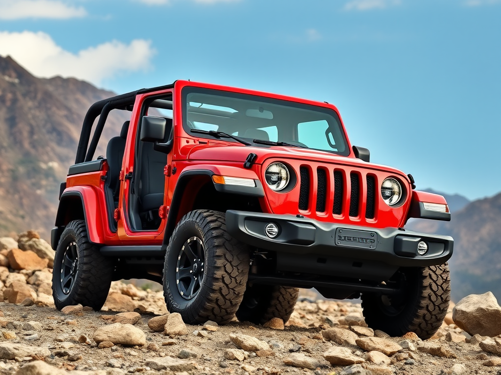 Create a realistic image of a Jeep Wrangler Unlimited in a rugged outdoor setting, showcasing its distinctive boxy design, removable doors, fold-down windshield, and iconic seven-slot grille. The vehicle should be a bright red color, parked on rocky terrain with mountains in the background. Include details of the all-terrain tires, raised suspension, and LED headlights to highlight its off-road capabilities and modern features.