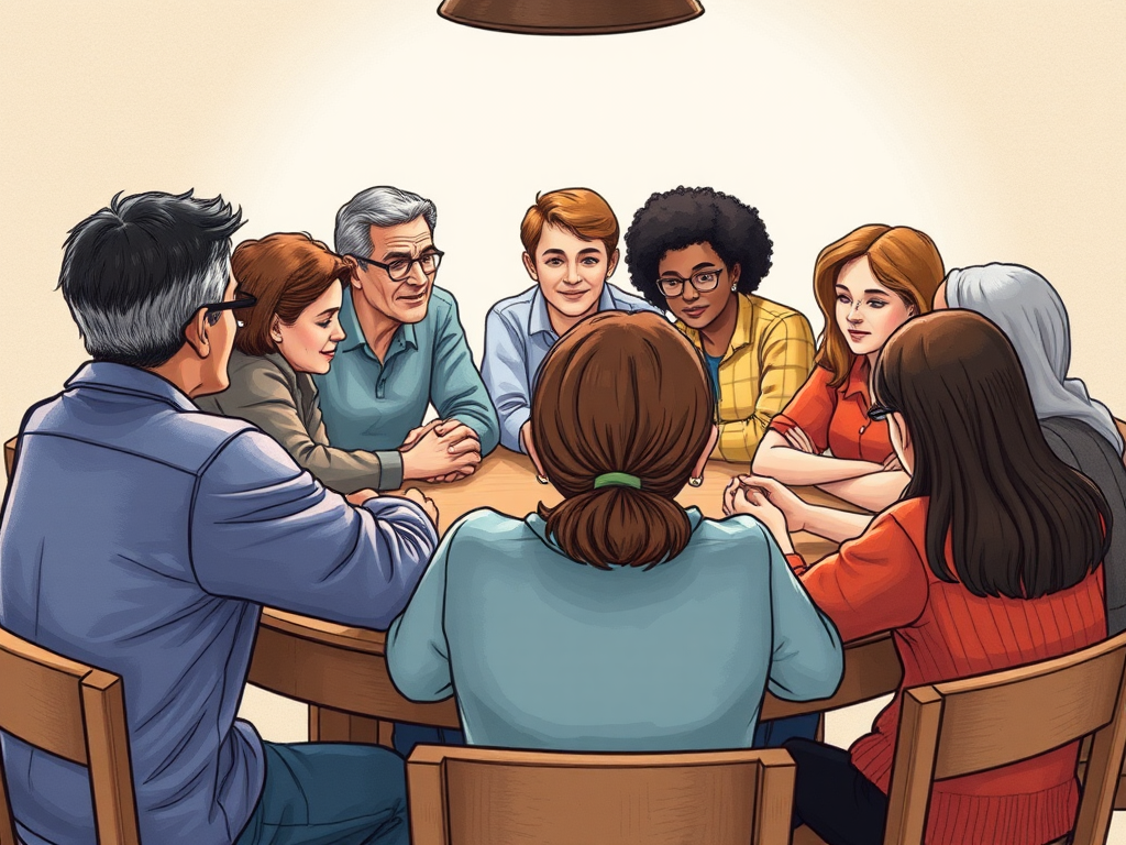 drawing of group support, sitting together around table