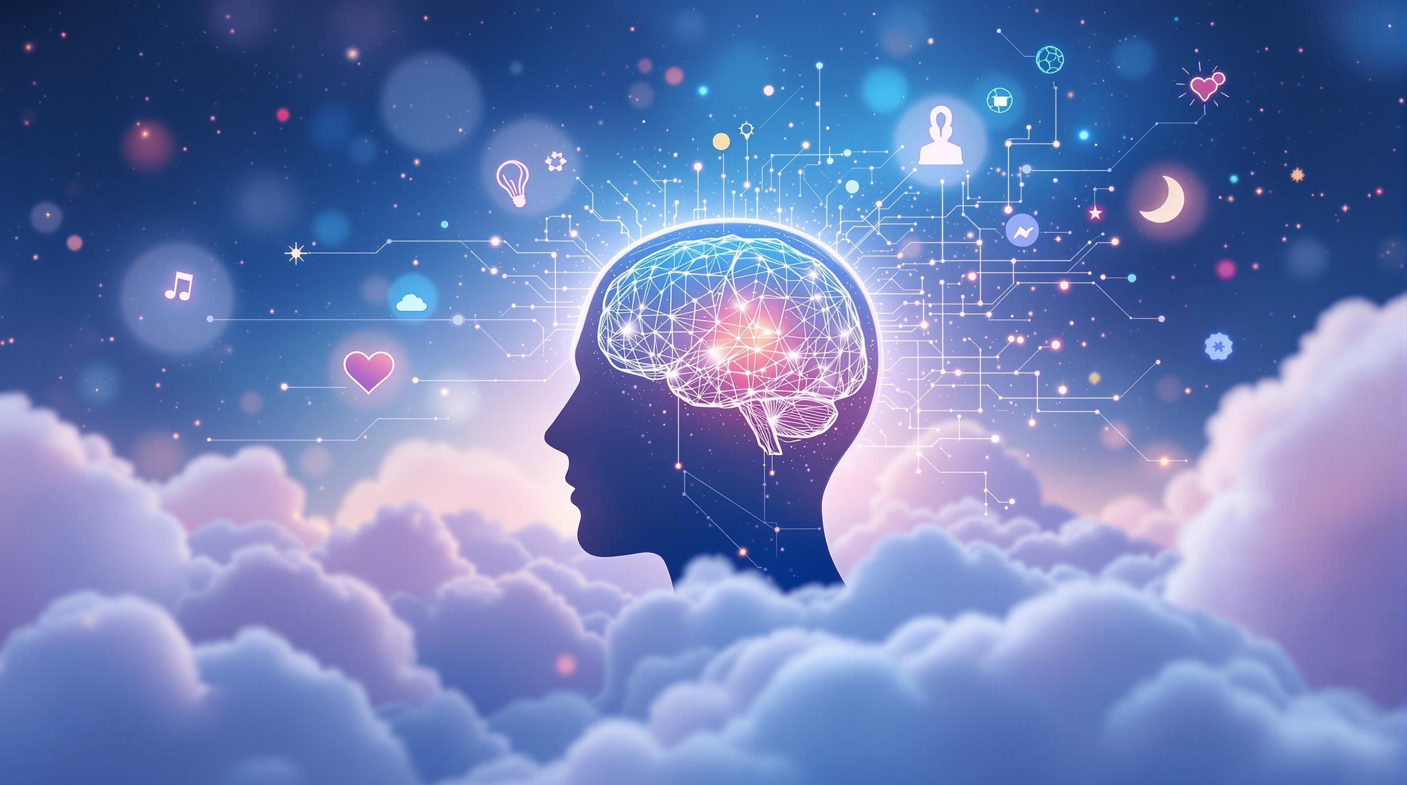 Professional and modern scene showing a person using a digital dream journal app on a tablet, surrounded by glowing dream symbols and emotional data visualizations, warm and inviting color palette, clean composition, 16:9 aspect ratio