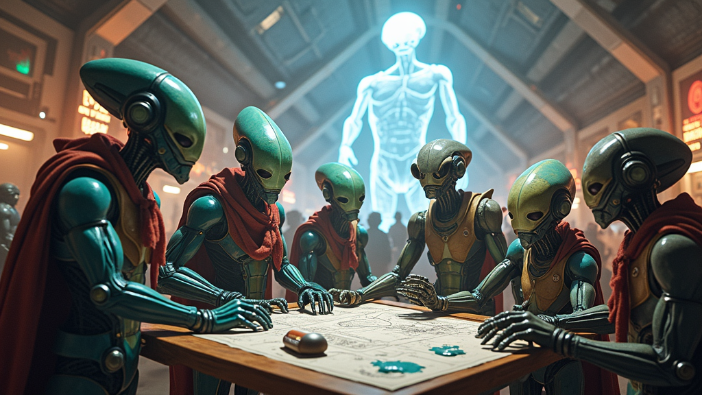 A bustling intergalactic marketplace filled with various alien species arguing over interior design choices, with floating holographic blueprints and confused robots holding paint brushes.