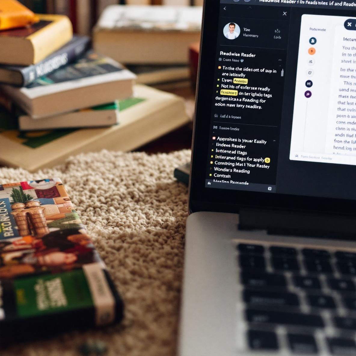 A detailed view of a laptop screen showing the Readwise Reader app with highlighted text and internal tags, set in a warm reading corner with books and a soft chair.