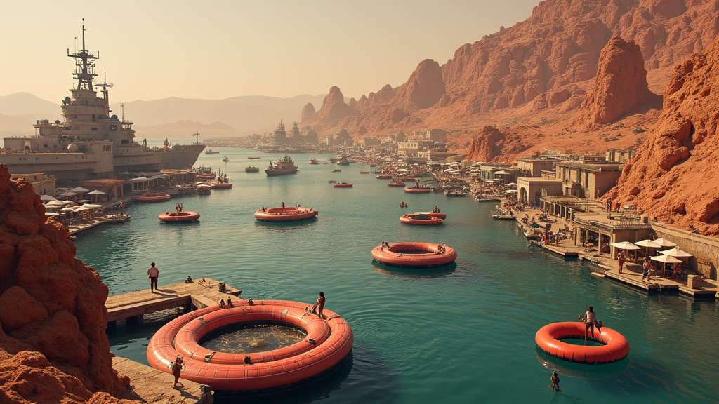 A bustling harbor on Mars filled with colorful inflatable docks, where alien ships park alongside human spacecraft while tourists float by in oversized inflatable rings.