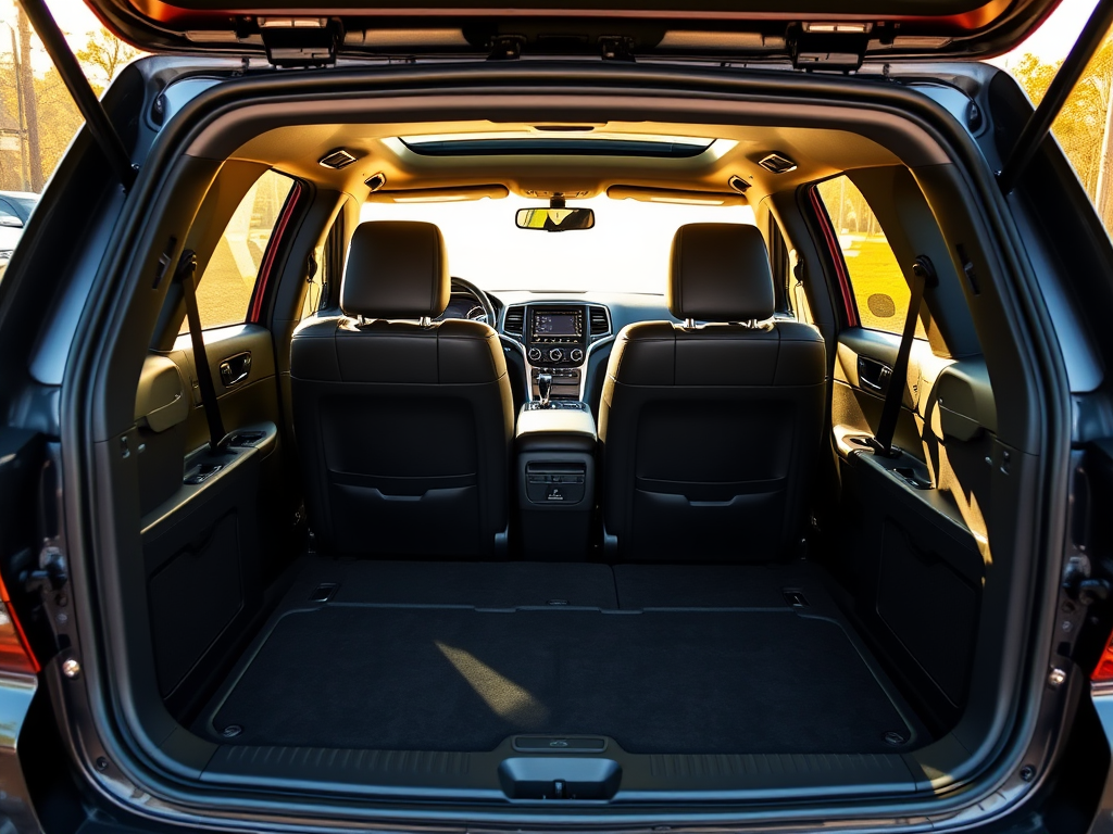 Create a realistic image of the interior of a Jeep Grand Cherokee, focusing on the two rows of seats with space behind the second row, showcasing the absence of a third row. The image should be taken from the open rear hatch, highlighting the spacious cargo area and the back of the second-row seats. Natural light should be streaming in through the windows, illuminating the leather upholstery and modern dashboard in the distance.