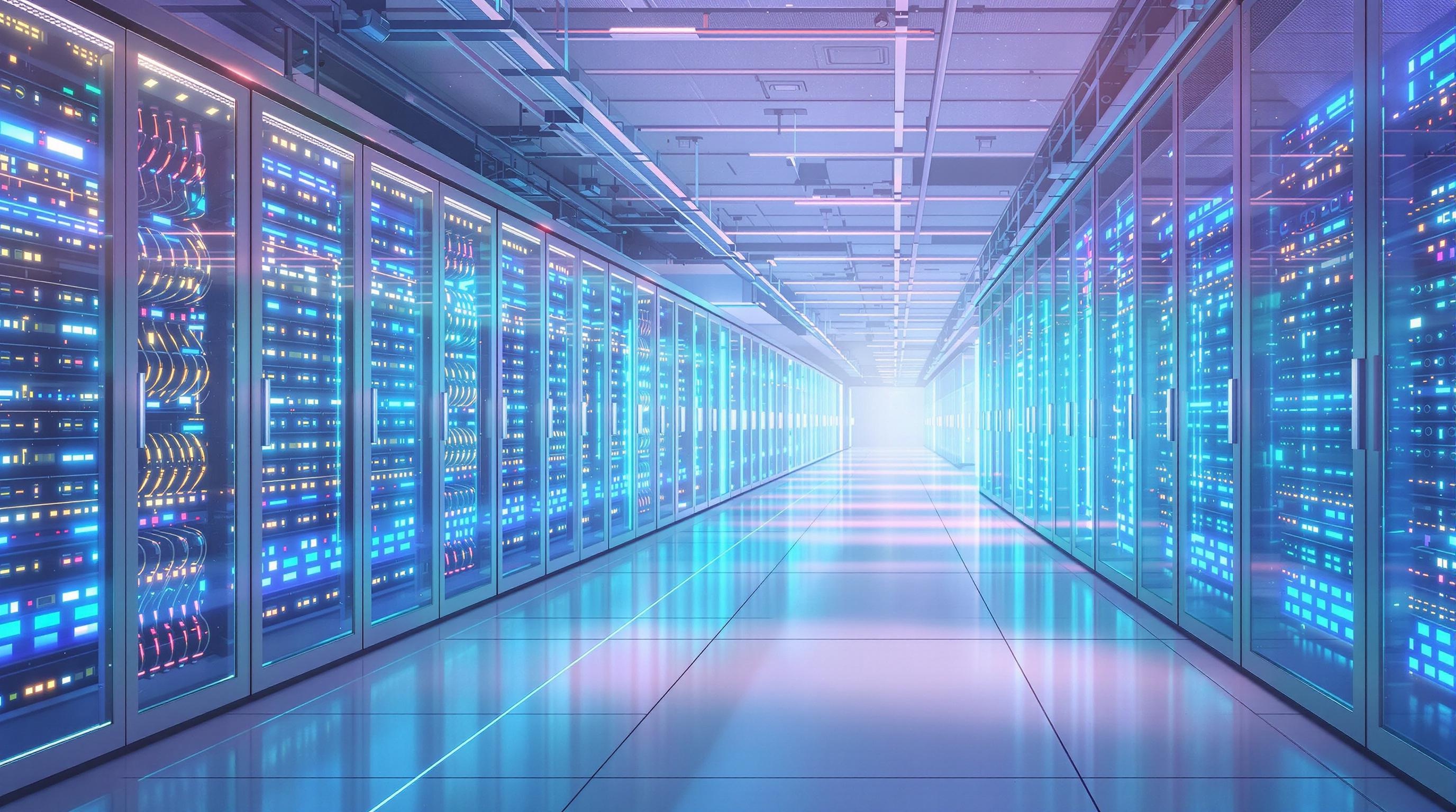 A semi-realistic, digital painting style with a pastel colour palette image of a data center