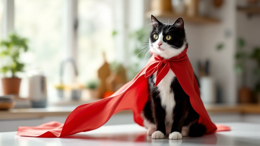 Cat comfortably wearing safe lightweight cape costume