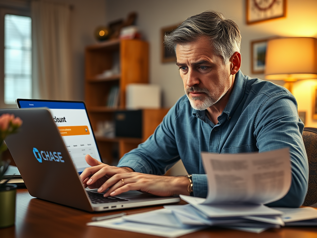 Create a realistic image of a white male in his 30s looking concerned while examining a Chase bank statement, with a laptop displaying the Chase logo and a "Account Closed" notification visible on the screen, set in a home office with warm lighting and financial documents scattered on the desk.