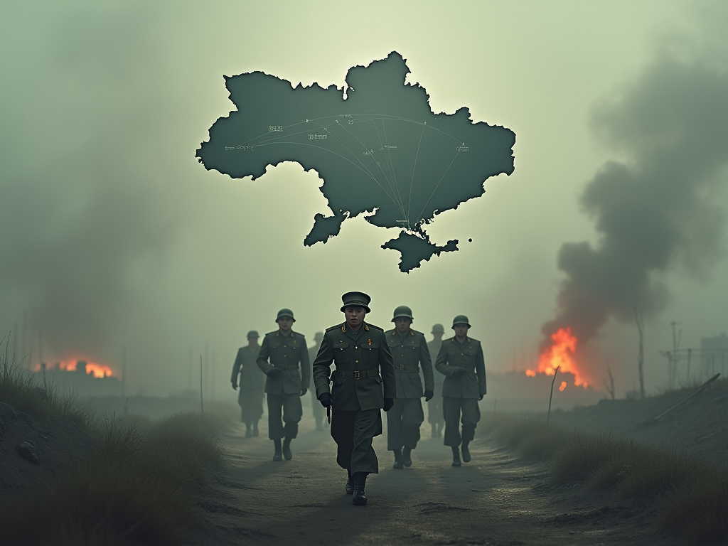 Visualize a powerful and evocative scene capturing the essence of North Korea's military deployment to Ukraine. The image is a dramatic and intricately detailed digital painting. In the foreground, a group of North Korean soldiers, depicted in realistic style, are dressed in distinctive military uniforms, moving stealthily through a misty, war-torn Ukrainian landscape. The background features a bleak and smoky battlefield, with faint outlines of destroyed buildings and distant explosions, symbolizing the chaos and impact of war. Above this scene, a stylized map floats, showing lines connecting North Korea and Russia, and extending to Ukraine, symbolizing the strategic alliances and military movements. The color palette is dominated by somber tones of gray and olive green, with touches of fiery orange and red in the background, reflecting the violence and tension of the situation. The lighting is dim and shadowy, enhancing the mood of uncertainty and danger. The artistic style combines photorealism for the soldiers with a more abstract and symbolic approach for the map and environmental elements, creating a striking contrast that emphasizes the geopolitical complexities of the situation.