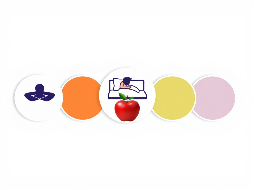 5 coloured circles next to each other, one with a outline of person meditating, one with someone sleeping in bed, one with an apple, one with exercise weight
