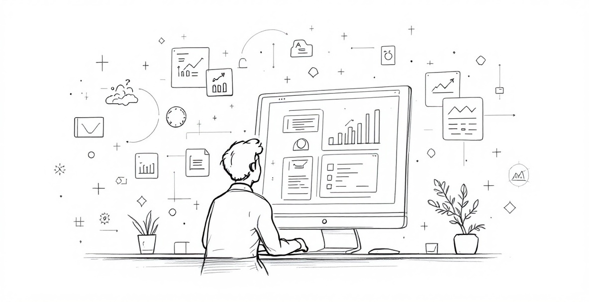 Sketch of a marketer at a computer with icons of marketing and analytics around them.