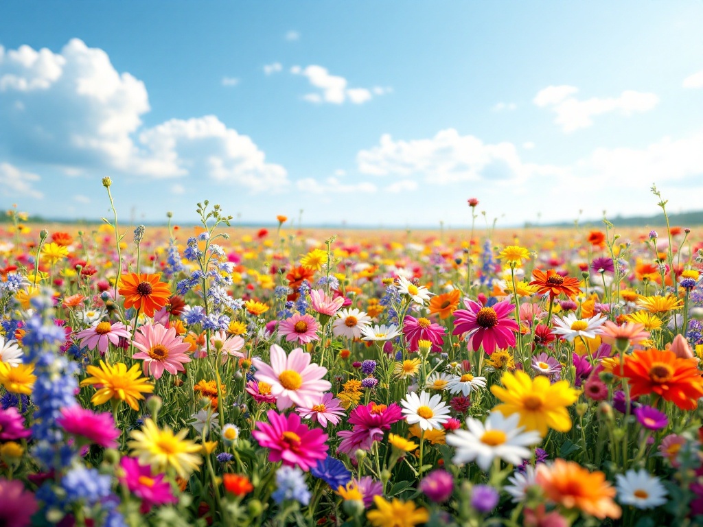 A photorealistic shot capturing a vibrant field of diverse wildflowers in full bloom, stretching to the horizon under a clear blue sky