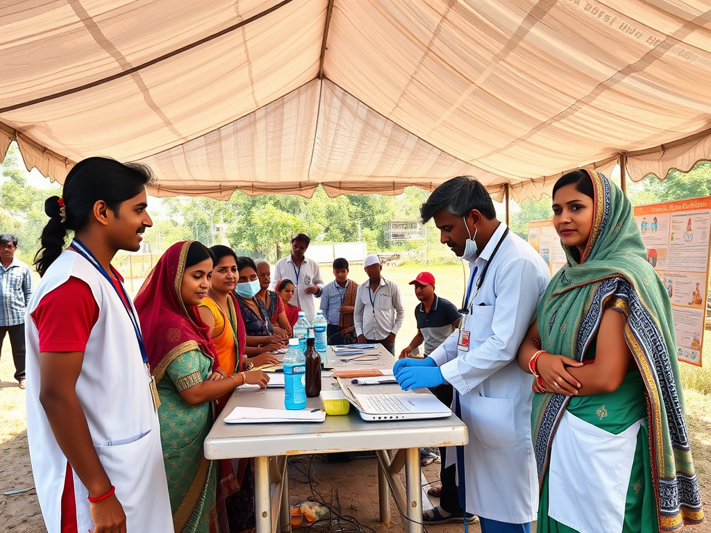 Create a realistic image of a group of Indian medical students and doctors from CMC Vellore, both male and female, engaged in a rural health camp, providing medical care and health education to villagers under a large tent, with medical equipment and informational posters visible, showcasing community outreach efforts in a sunny outdoor setting.