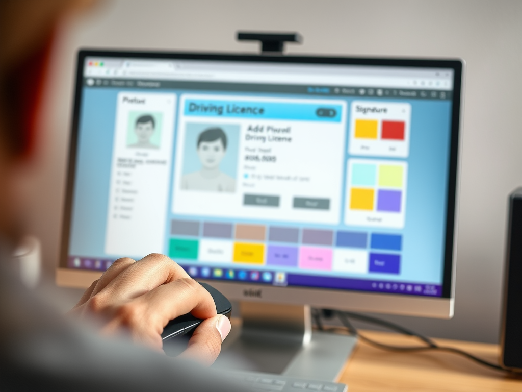 Create a realistic image of a computer screen displaying a driving licence personalization interface, with options for adding a photo, signature, and choosing background colors visible on the screen. A hand holding a computer mouse is seen in the foreground, suggesting user interaction.