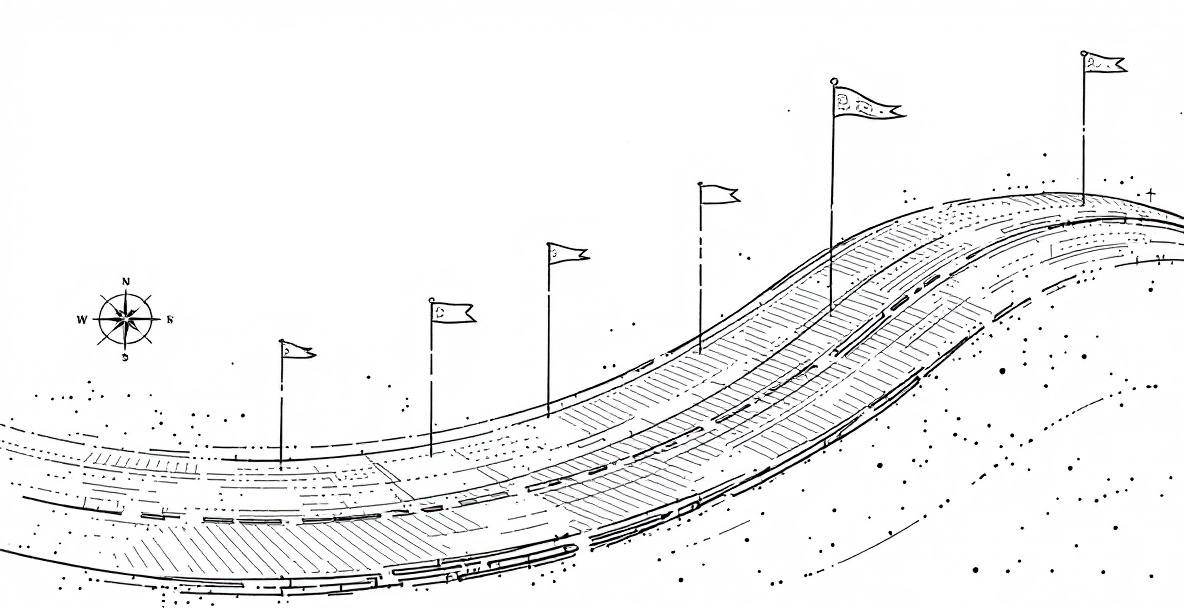 Minimalist sketch of a winding road transforming into a timeline with strategic milestones marked by geometric shapes